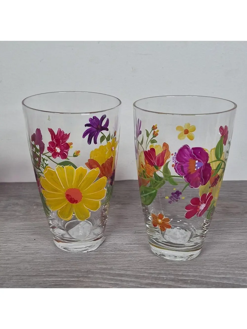 Pier 1 Tall Tumbler Set of 4 Mouth Blown Painted Floral Summer Glasses